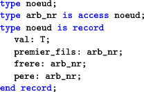 \begin{lstlisting}[language=ada]
type noeud;
type arb_nr is access noeud;
type n...
...emier_fils: arb_nr;
frere: arb_nr;
pere: arb_nr;
end record;
\end{lstlisting}