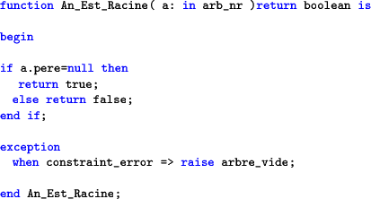 \begin{lstlisting}[language=ada]function An_Est_Racine( a: in arb_nr )return b...
... when constraint_error => raise arbre_vide;end An_Est_Racine;
\end{lstlisting}