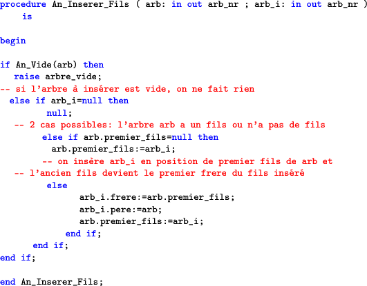 \begin{lstlisting}[language=ada]procedure An_Inserer_Fils ( arb: in out arb_nr...
...er_fils:=arb_i;
end if;
end if;
end if;end An_Inserer_Fils;
\end{lstlisting}