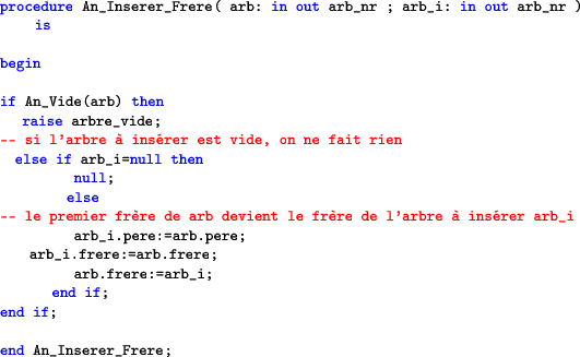 \begin{lstlisting}[language=ada]
procedure An_Inserer_Frere( arb: in out arb_nr ...
...re;
arb.frere:=arb_i;
end if;
end if;end An_Inserer_Frere;\end{lstlisting}