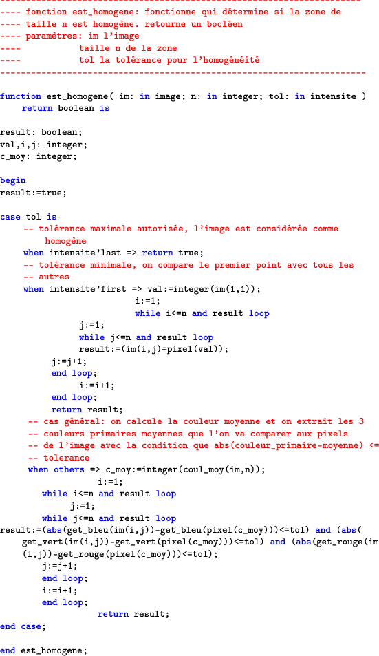 \begin{lstlisting}[language=ada]
-----------------------------------------------...
...=i+1;
end loop;
return result;
end case;end est_homogene;\end{lstlisting}