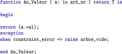 \begin{lstlisting}[language=ada]function An_Valeur ( a: in arb_nr ) return T i...
...ion
when constraint_error => raise arbre_vide;end An_Valeur;\end{lstlisting}