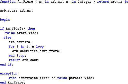 \begin{lstlisting}[language=ada]
function An_Frere ( a: in arb_nr; n: in integer...
...ion
when constraint_error => raise parente_vide;
end An_Frere;
\end{lstlisting}