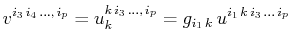 $\displaystyle v^{i_{3}\,i_{4}\,...,\,i_{p}}=u^{k\,i_{3}\,...,\,i_{p}}_{k}=g_{i_{1}\,k}\,u^{i_{1}\,k\,i_{3}\,...\,i_{p}}$