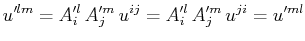 $\displaystyle u'^{lm}=A'^{l}_{i}\,A'^{m}_{j}\,u^{ij}=A'^{l}_{i}\,A'^{m}_{j}\,u^{ji}=u'^{ml}$