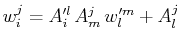$\displaystyle w^{j}_{i}=A'^{l}_{i}\,A^{j}_{m}\,w'^{m}_{l}+A^{j}_{l}\,$