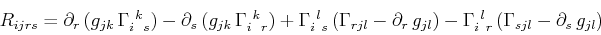 \begin{displaymath}\begin{array}[b]{lcl} R_{ijrs}=\partial_{r}\,(g_{jk}\,\textrm...
...{l}$$^{}_{r}$}\,(\Gamma_{sjl}-\partial_{s}\,g_{jl}) \end{array}\end{displaymath}